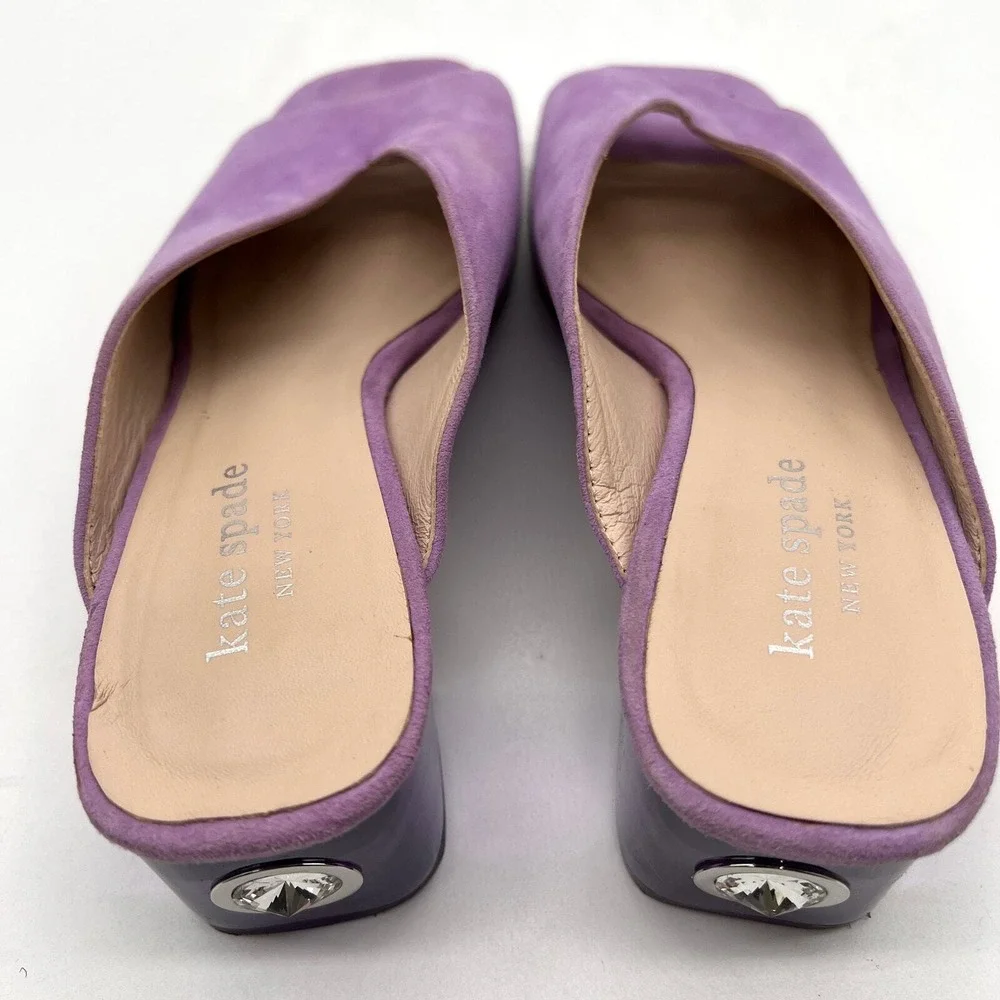 Kate Spade Mules Women 5.5 Purple Suede Lucite Block Heel Crystal Detail